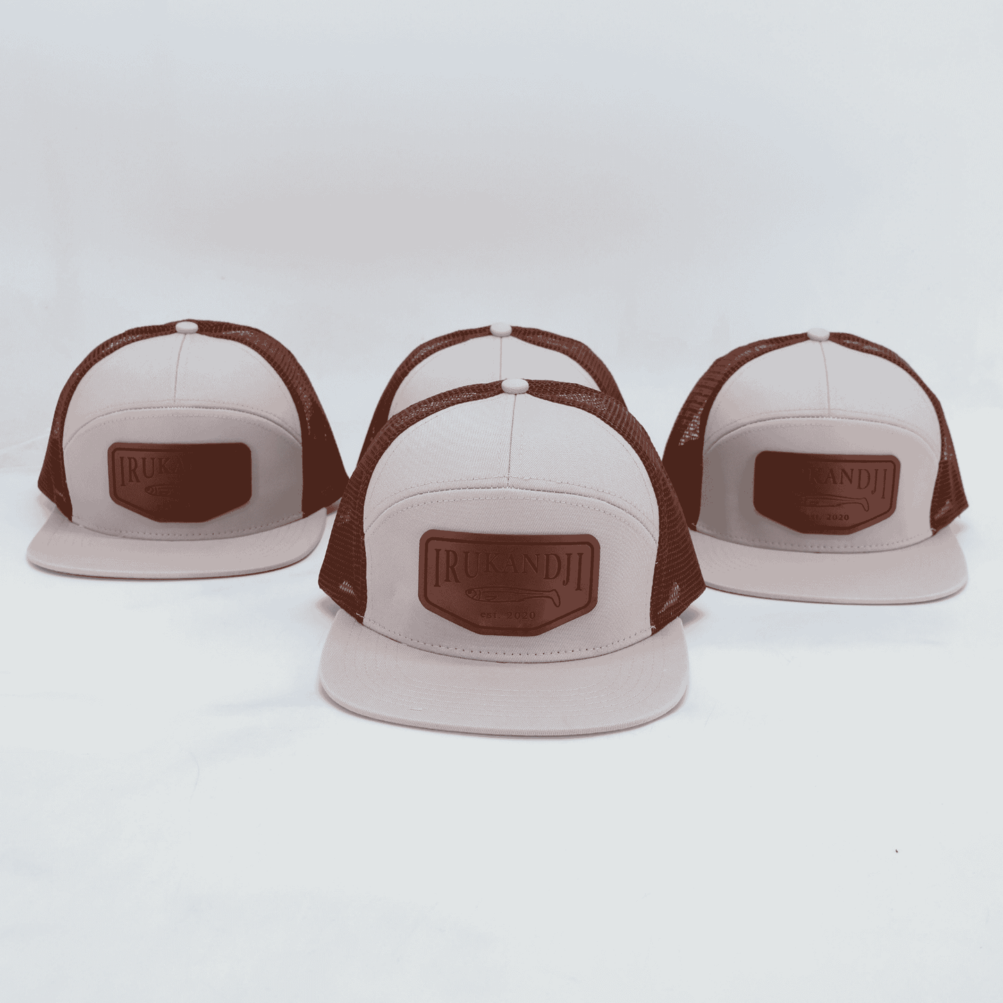 "Irukandji" White/Tan Leather 7-Panel Mesh Snapback
