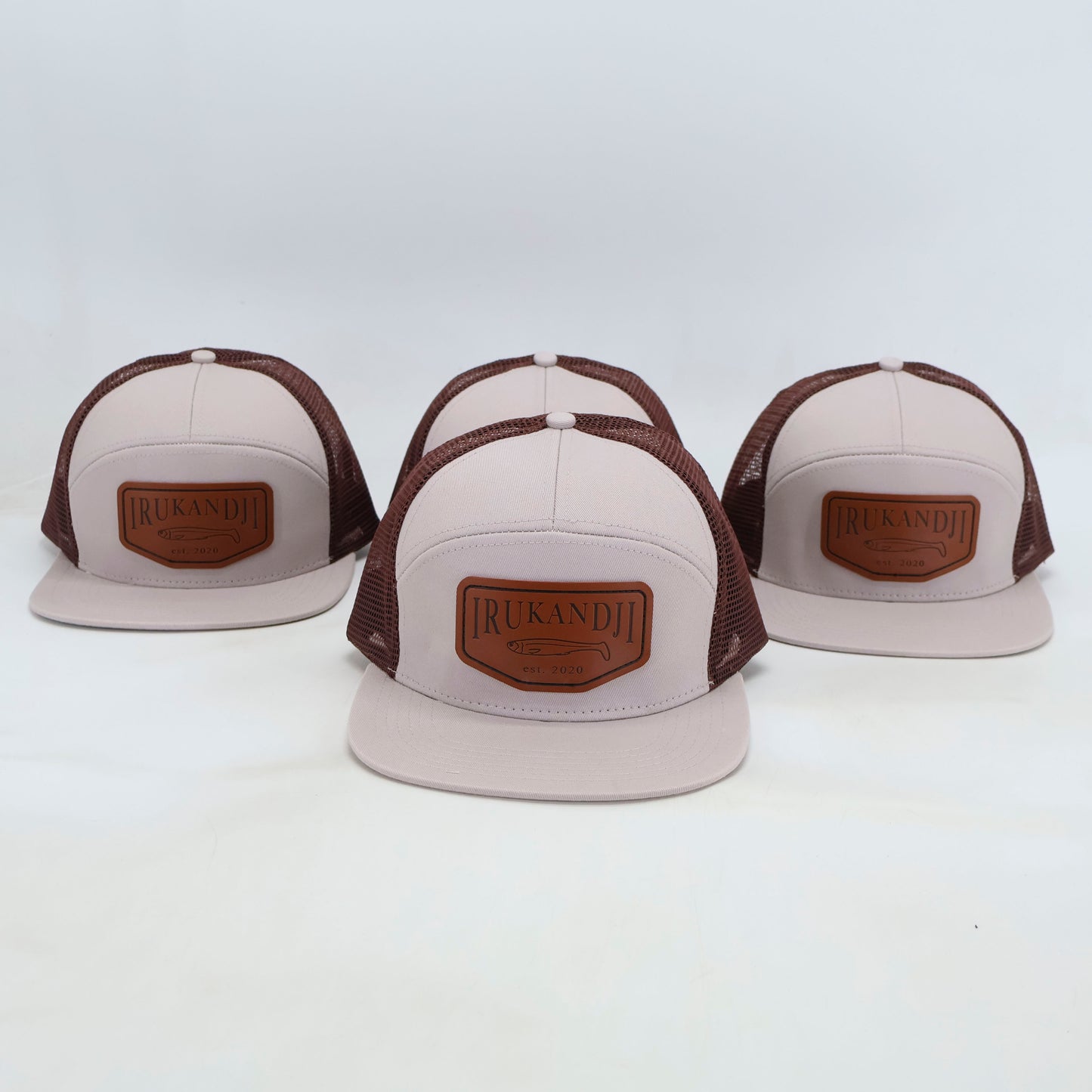 "Irukandji" White/Tan Leather 7-Panel Mesh Snapback