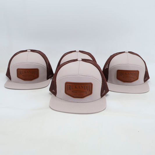 "Irukandji" White/Tan Leather 7-Panel Mesh Snapback