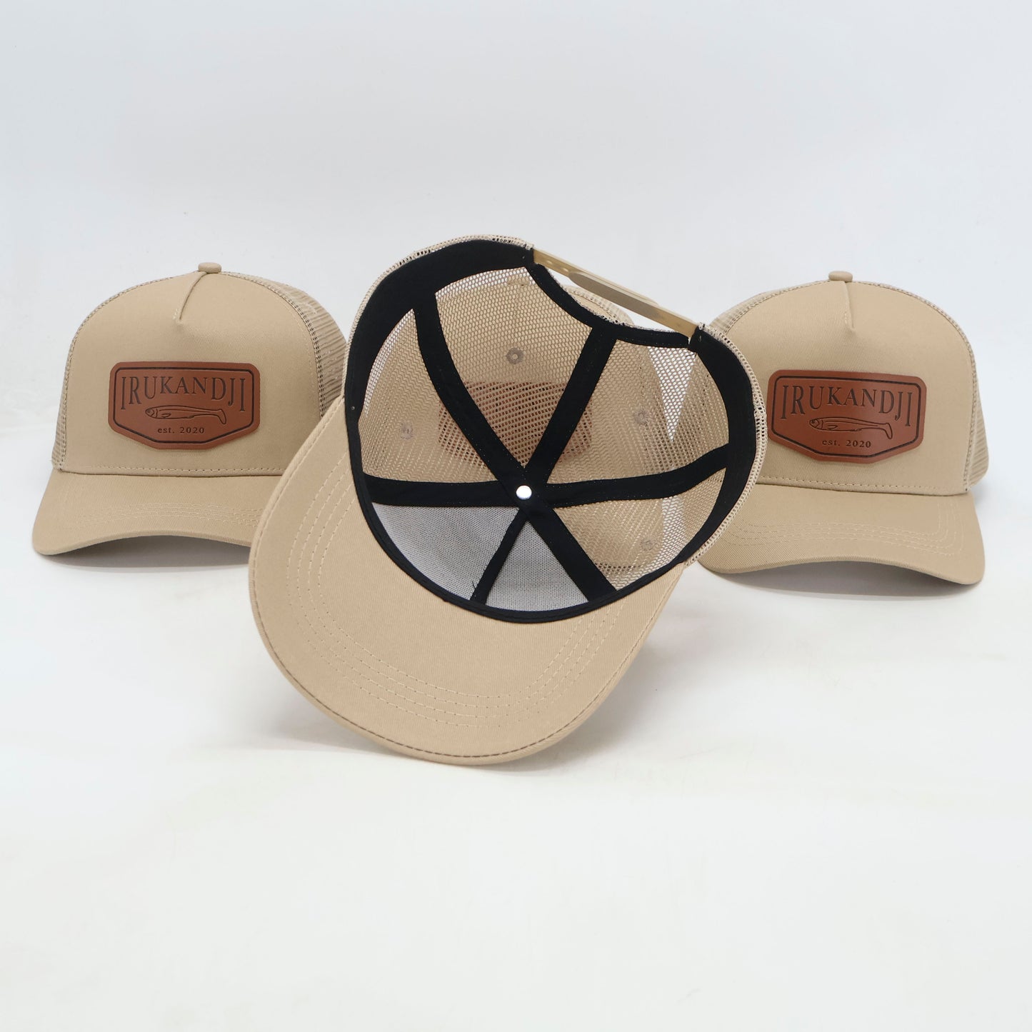 "Irukandji" Sand/Tan Leather 5-Panel Mesh Snapback