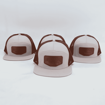 "Irukandji" White/Tan Leather 7-Panel Mesh Snapback