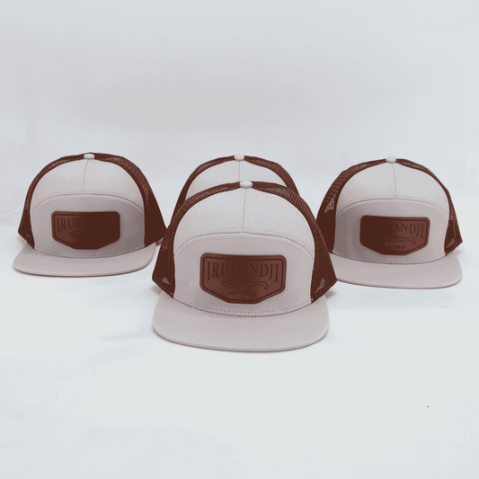 "Irukandji" White/Tan Leather 7-Panel Mesh Snapback