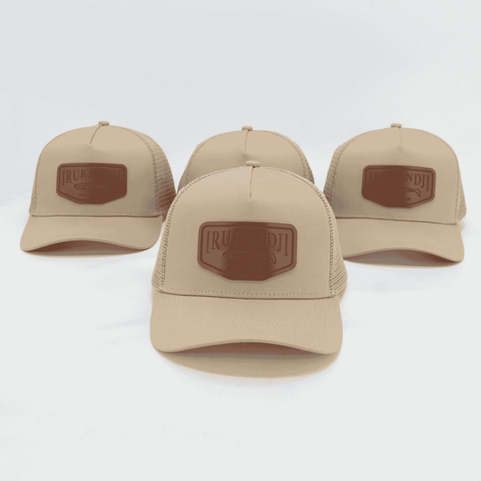 "Irukandji" Sand/Tan Leather 5-Panel Mesh Snapback